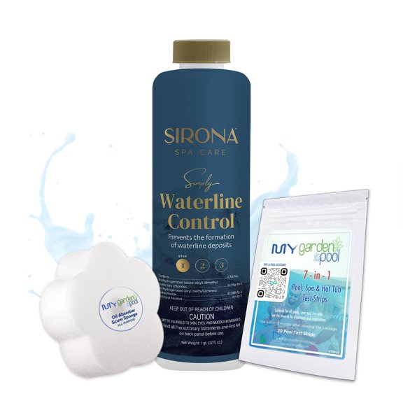 Sirona 82106 Simply Waterline Control, 32 fl Oz  Includes My Garden Pool 20 Ct. Test Strips & Scum Sponge  Prevents Waterline Buildup for Clean Spa Surfaces