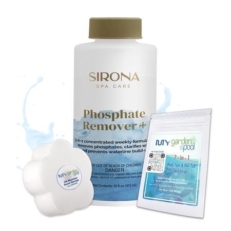 Sirona 82107 Phosphate Remover+, 16 fl Oz Includes My Garden Pool 20 Ct. Test Strips & Scum Sponge Reduces Phosphates for Clear & Balanced Spa Water