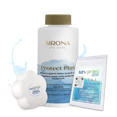 Sirona 82108 Protect Plus, 16 fl Oz Includes My Garden Pool 20 Ct. Test Strips & Scum Sponge Reduces Corrosion & Enhances Spa Water Clarity