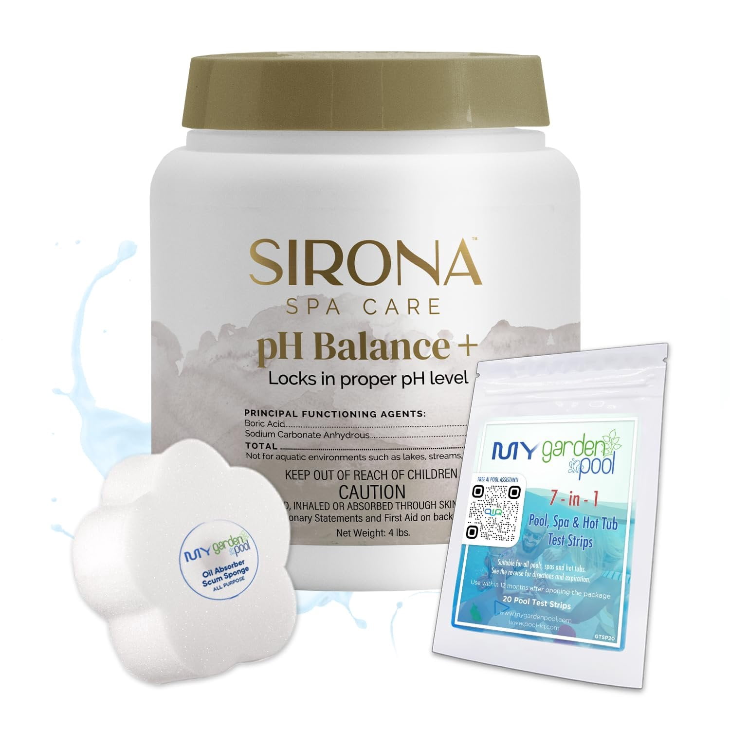 Sirona 82136 Spa pH Balance +, 3 LBS  Includes My Garden Pool 20 Ct. Test Strips & Scum Sponge  Stabilizes pH for Balanced, Clear Spa Water