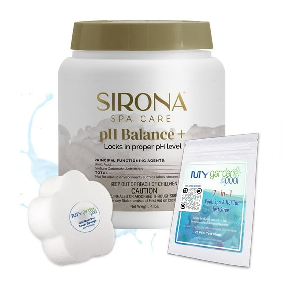 Sirona 82136 Spa pH Balance +, 3 LBS Includes My Garden Pool 20 Ct. Test Strips & Scum Sponge Stabilizes pH for Balanced, Clear Spa Water