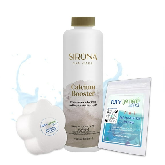 Sirona 82148 Calcium Booster, 1 LB Includes My Garden Pool 20 Ct. Test Strips & Scum Sponge Boosts Water Hardness, Prevents Corrosion & Ensures Balanced, Clear Water