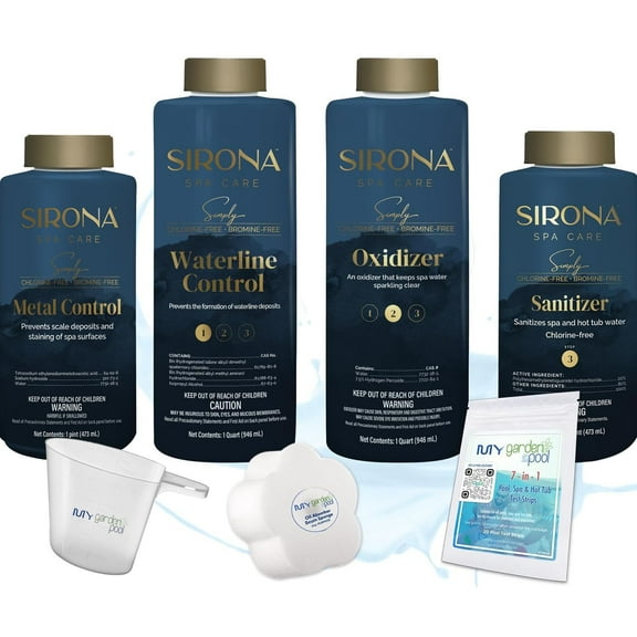 Sirona Simply Hot Tub Full Kit: Metal Control, Waterline, Oxidizer, Sanitizer with My Garden Pool Test Strips, Scum Sponge Flower Oil-Absorbing Sponge and Measure Cup for Hot Tubs and Pools