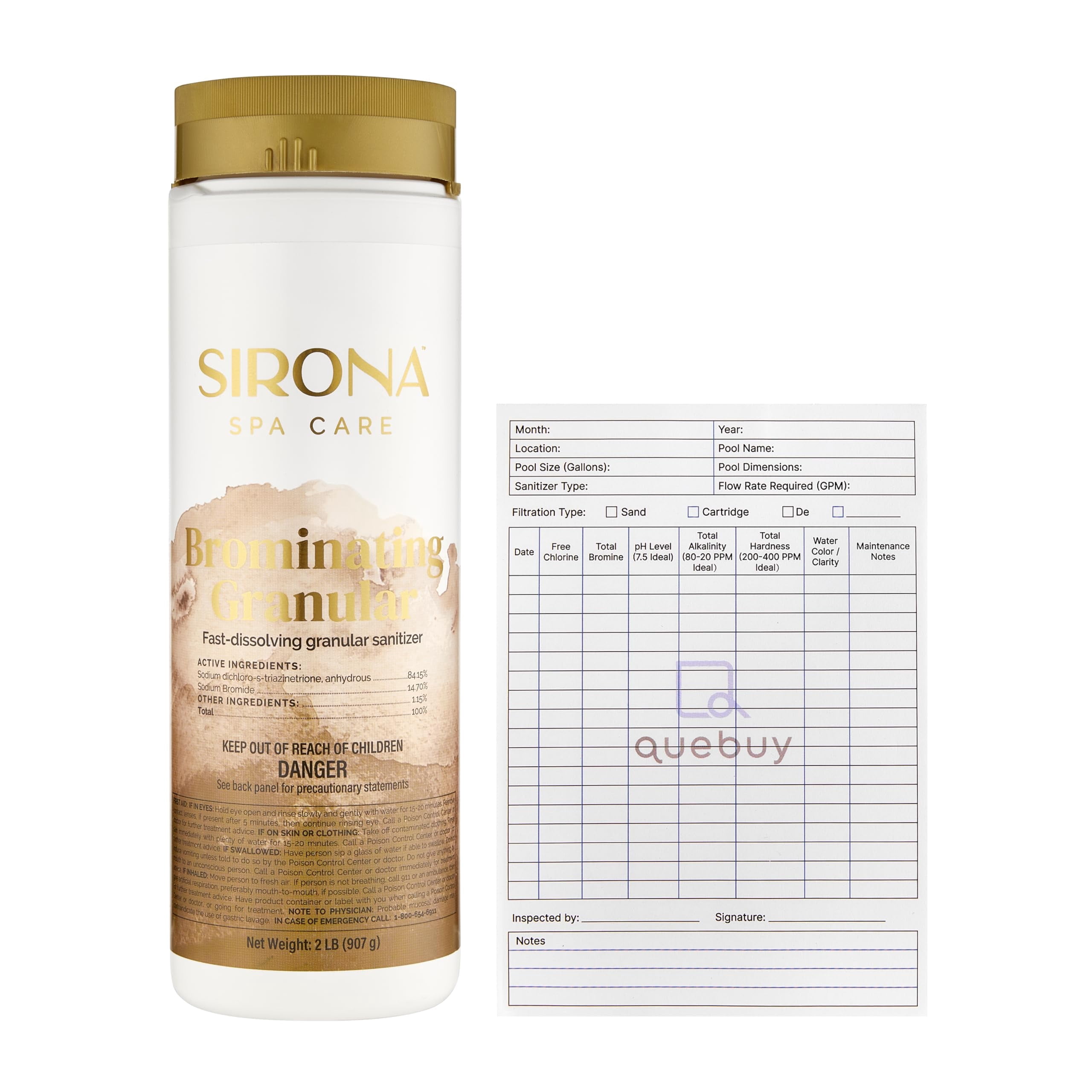 Sirona Spa Care 82143 Brominating Granular 2 lbs – Fast-Dissolving Sanitizer w/ QueBuy Pool Log Book