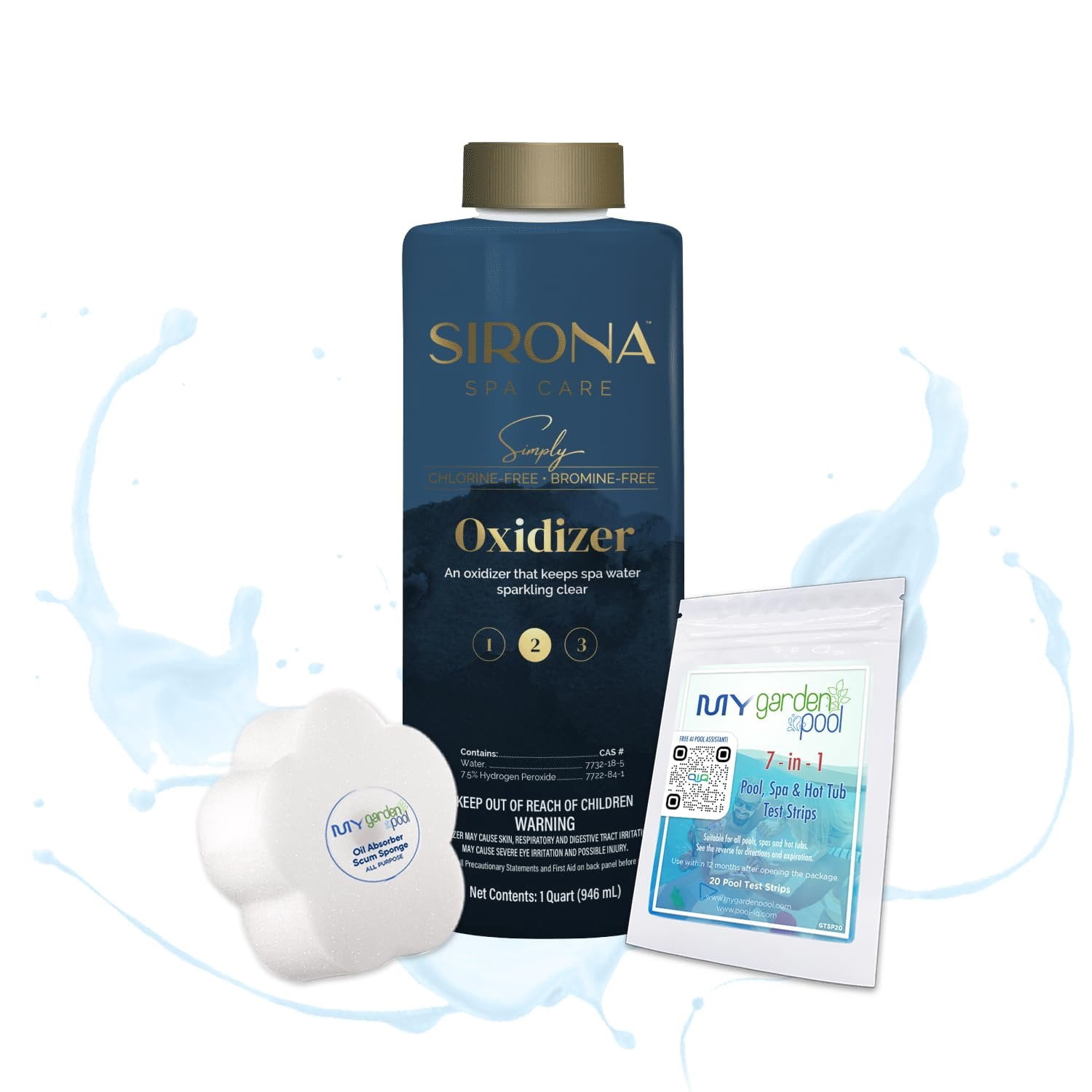 Sirona Spa Care Simply Oxidizer 82137 32 oz with My Garden Pool 20 Ct. Test Strips & Scum Sponge Flower Oil-Absorbing Sponge for Hot Tubs and Pools