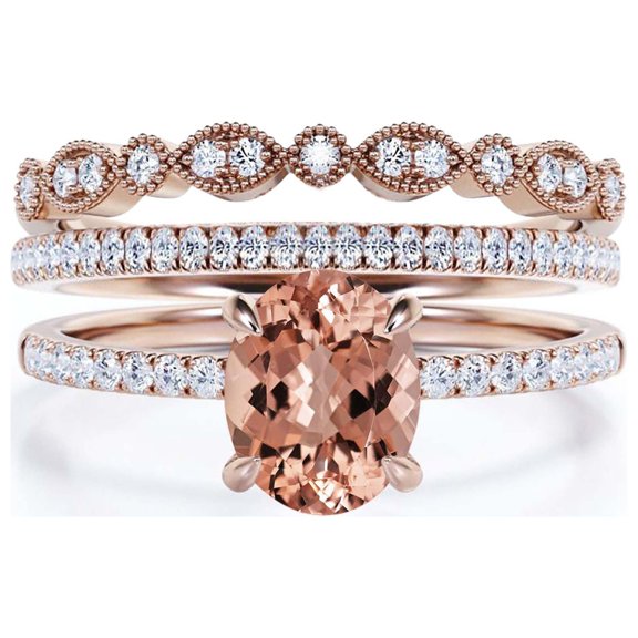 Sirprisingly Gift Minimalist 2.50 Carat Oval Morganite And Diamond Moissanite Engagement Ring, Classic Wedding Ring, Two Matching Band in 925 Sterling Silver With 18k Rose Gold Plating, Gift For Her
