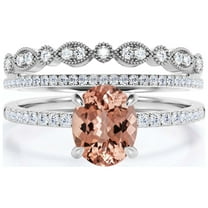 Sirprisingly Gift Minimalist 2.50 Carat Oval Morganite And Diamond Moissanite Engagement Ring, Wedding Ring, Two Matching Band in 925 Sterling Silver With 18k White Gold Plating, Gift For Her