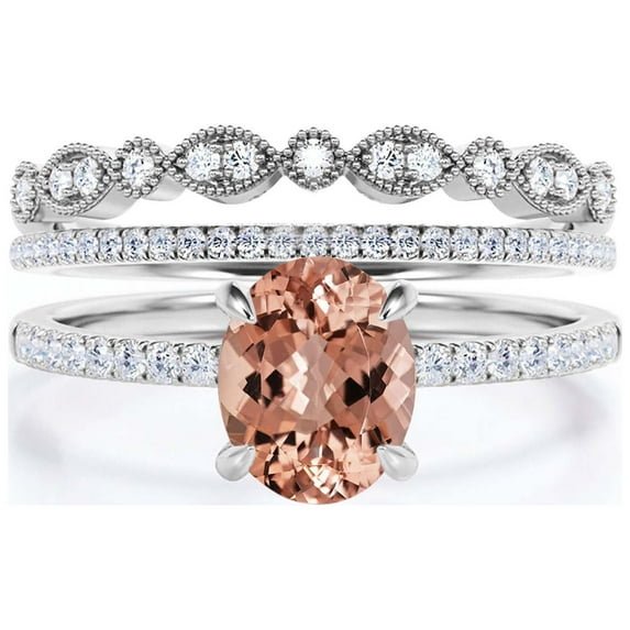 Sirprisingly Gift Minimalist 2.50 Carat Oval Morganite And Diamond Moissanite Engagement Ring, Wedding Ring, Two Matching Band in 925 Sterling Silver With 18k White Gold Plating, Gift For Her