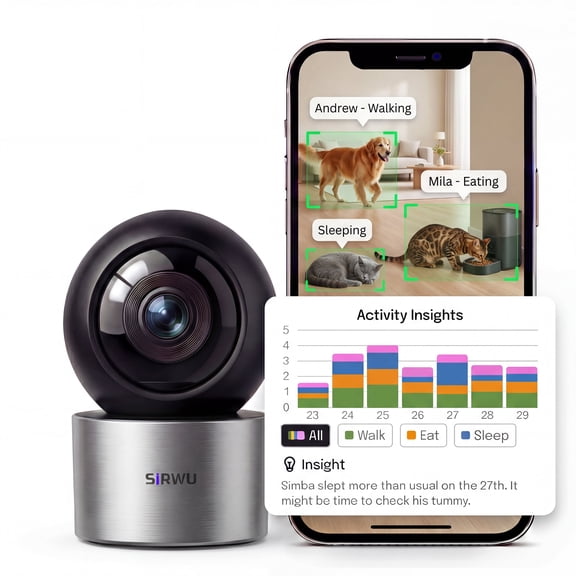 Sirwu AI Pet Camera 2K 3MP Dome Surveillance Camera with Multi Pet Recognistion, Black, 1 Pack