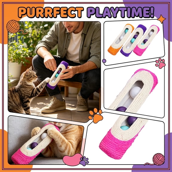 Sisal Cat Scratch Board with Rolling Balls Interactive Scratcher Pad Toy with Three Jingle Balls Multi-functional Chew & Play Toy for Cats Kittens
