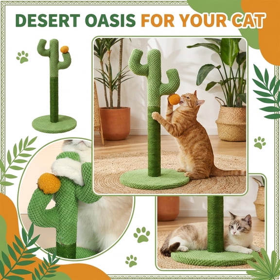 Sisal Cat Scratcher, Cactus Cat Tree, Small Cat Tree for indoor Cats, 20 in Height, Round Base, Orange Cat Pom Pom Balls, Vertical Scratching, Green, 1 Pc (167 Chars)