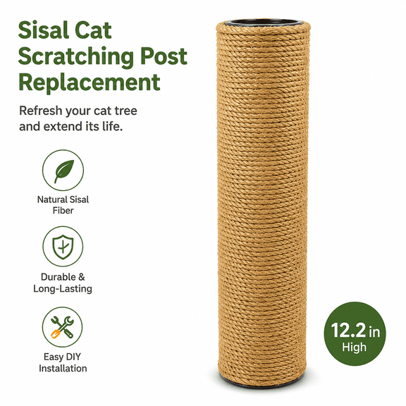 Sisal Cat Scratching Post Replacement, DIY Cat Tree Repair Column with M8 Connector, Natural Fiber Scratch Pole Accessory for Cat Furniture and Wall Mounted Cat Shelves, 12.2 Inch