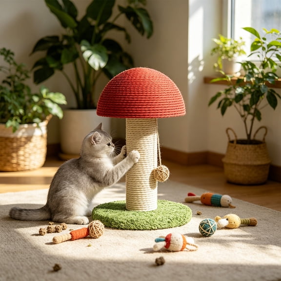 Sisal Cat Scratching Post,Scratching Posts for Indoor Cats,Mushroom Cat Scratching Post for Kitten & Small Cats, Mini Cat Tree Stable Base, Natural Sisal Scratcher with Hanging Ball(B)