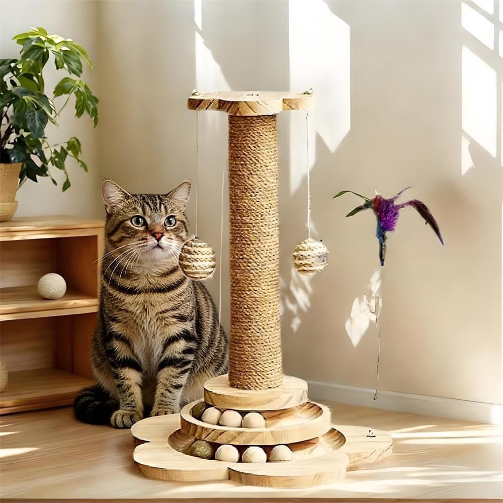 Sisal Cat Scratching Post with Hanging Ball, Cat Turntable Toy Interactive Ball for Kittens Cats(Feather colors are random)