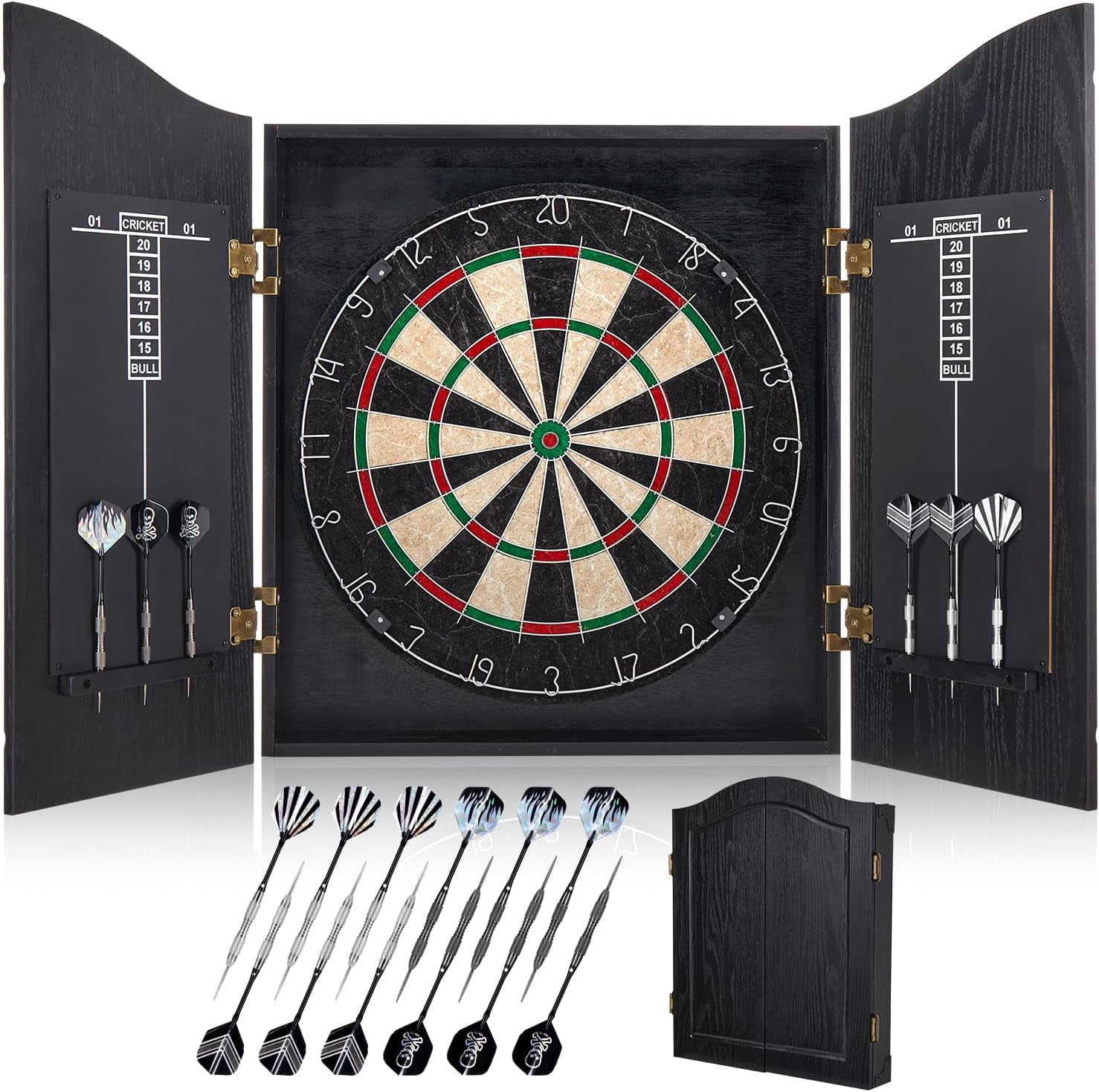 Sisal Dart Board Cabinet Set With 12 Steel Darts - Wooden Cabinet, Self-Healing Board, Scoreboard