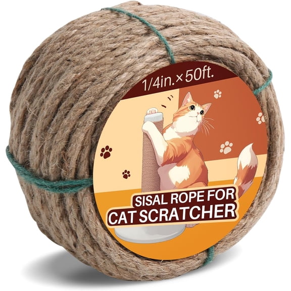 Sisal Rope for  Scratcher 1/4" 50 Ft  Tree Rope Twine for Repairing    Replacement DIY  Rope for Carpet Mat Kicker House, Pet , and Crafts Gardening  Decorating