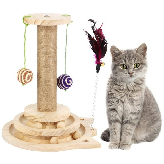 Sisal Scratcher Toy with Hanging Balls& 2-Tier Tracks, Wooden Cat Scratching Post, Interactive Cat Toy for Indoor Cats, Kittens