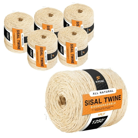 Sisal Twine - 1 Ply 1250 Ft Thin Natural Fiber Rope on Spool - Rope Cat Scratching Post, Rope for Cat Scratcher, Cat Tree Replacement Parts, Pet Toy - Decorative Cordage for Crafts, Pole Wrap 6 Pack