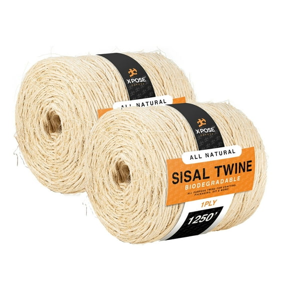 Sisal Twine - 1 Ply 1250 Ft Thin Natural Fiber Rope on Spool - Rope Cat Scratching Post, Rope for Cat Scratcher, Cat Tree Replacement Parts, Pet Toy - Decorative Cordage for Crafts, Pole Wrap 2 Pack