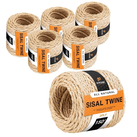 Sisal Twine - 2 Ply 150 Ft Thin Natural Fiber Rope on Spool - Rope for Cat Scratching Post, Cat Tree Replacement Parts, Pet Toy - Decorative Cordage for Crafts, Pole Wrap 6 Pack