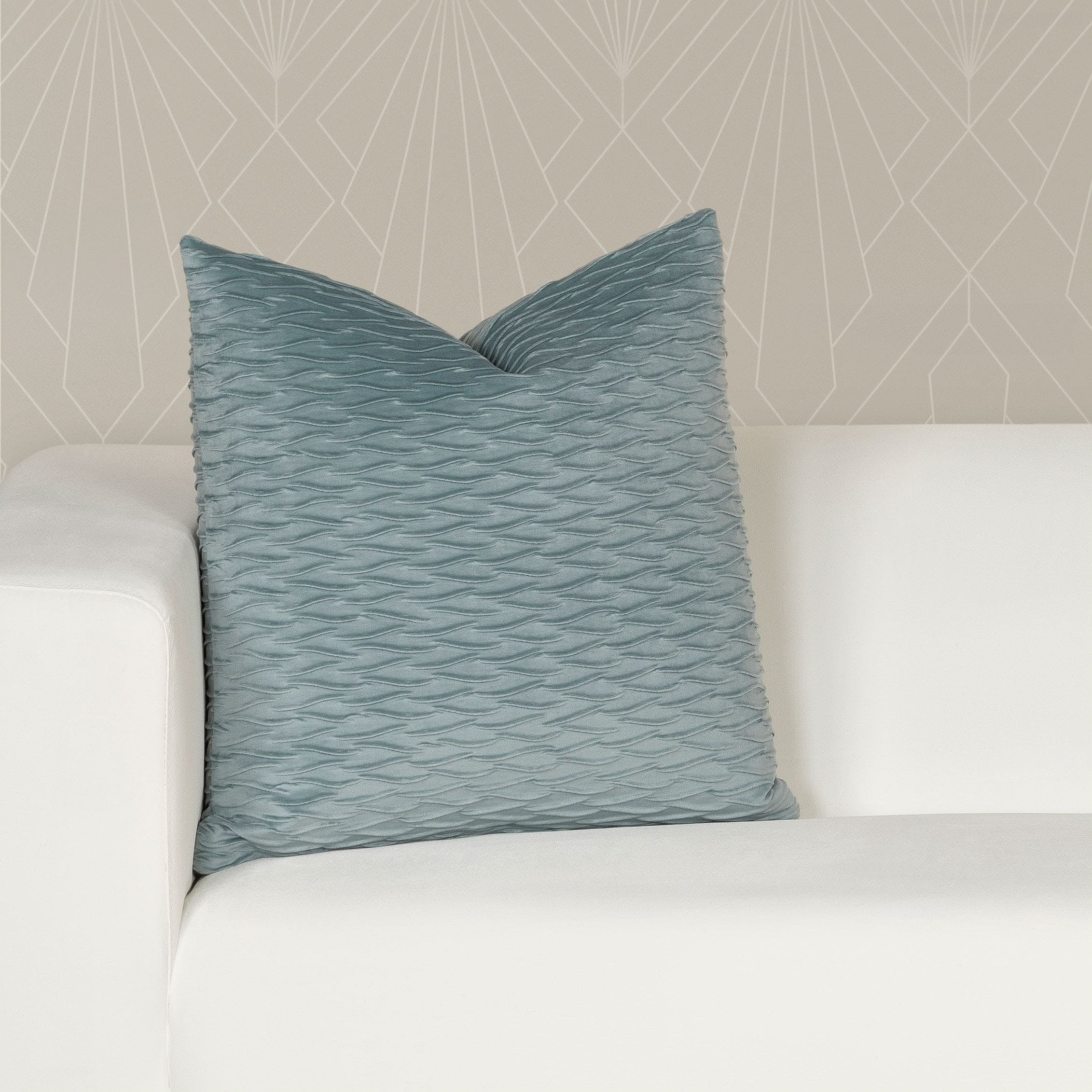 Blue Tide Velvet Wave Pleated Square Throw Pillow