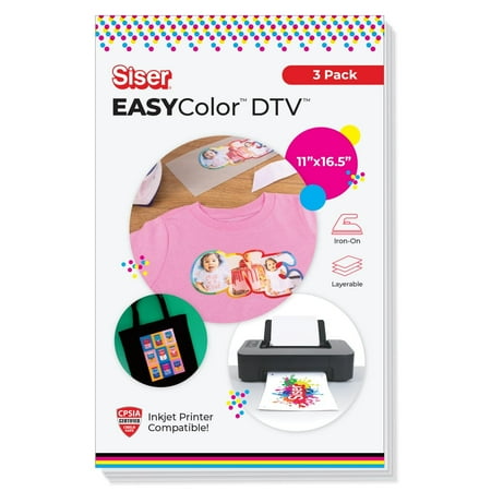Siser EasyColor DTV, 11" x 16.5" Sheets 3 Pack - Inkjet Printer Compatible Heat Transfer Vinyl - Iron On Direct-to-Vinyl Transfers for T-Shirts, Accessories, and More