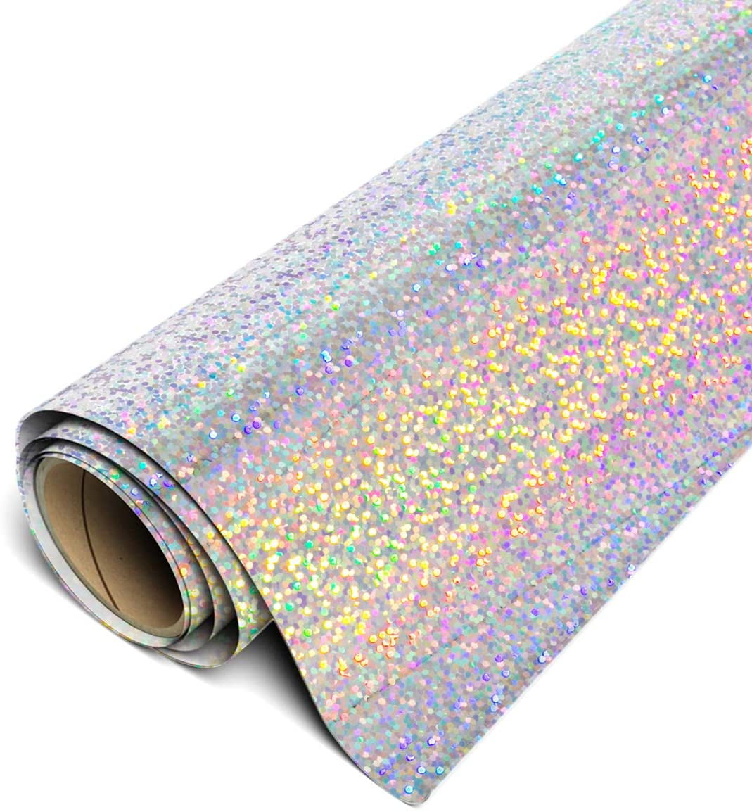 Holographic HTV Heat Transfer Vinyl Iron On Silver Material (12in x 15ft)  Iridescent Color Changing Roll by The Yard for DIY T-Shirts or Fabrics
