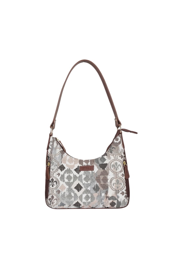 Abstract Hand Crafted Womens Tapestry Leather Hobo Bag Elegant Pattern Shoulder & Satchel Purse with Trim and Strap for Work & Travel