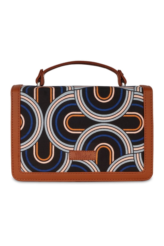 Abstract Hand Crafted Printed Fabric Shoulder Bag  Crossbody Purse with Leather Trim, Top Handle, Stylish Chain-Mix Strap & Satchel Design