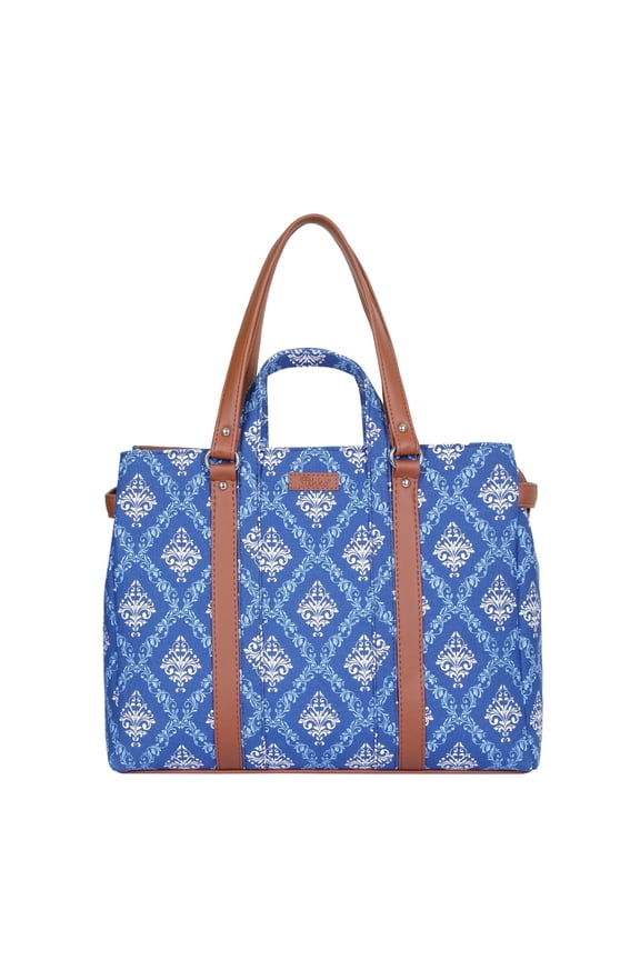 Blue Hand Crafted Printed Fabric Tote Bag Stylish Handbag with Vegan Leather Handles, Shoulder & Top Handle Design for Women