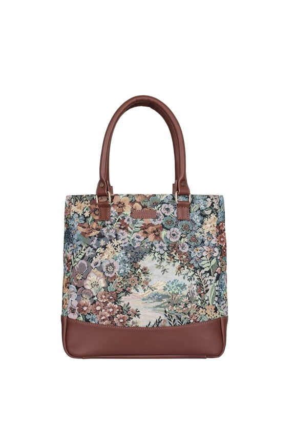 Botanical Hand Crafted Womens Tapestry Leather Tote Bag Fabric Shoulder Purse with Trim & Top Handle for Daily Wear & Events