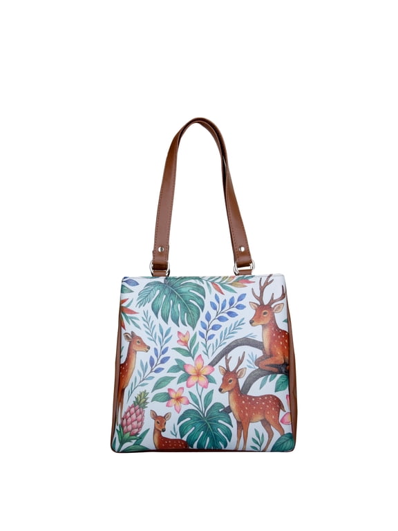 Faux Leather Printed Shoulder Tote Bag for Women Deer Motif Handbag for Office, Travel & Everyday Outings