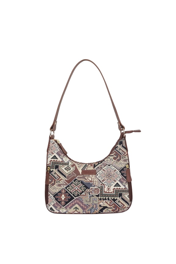 Geometric Hand Crafted Womens Tapestry Leather Hobo Bag Elegant Pattern Shoulder & Satchel Purse with Trim and Strap for Work & Travel