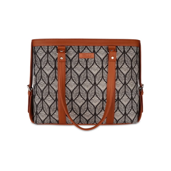Sishka Monochrome Hand Crafted Printed Fabric Laptop Tote Bag  Womens Sustainable Vegan Leather Shoulder Purse for Work & Outings