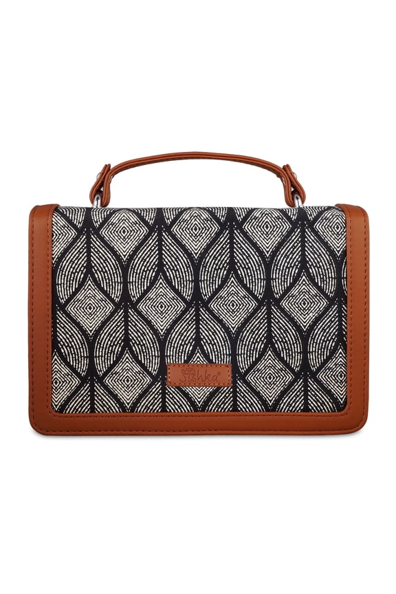 Monochrome Hand Crafted Printed Fabric Shoulder Bag  Crossbody Purse with Leather Trim, Top Handle, Stylish Chain-Mix Strap & Satchel Design