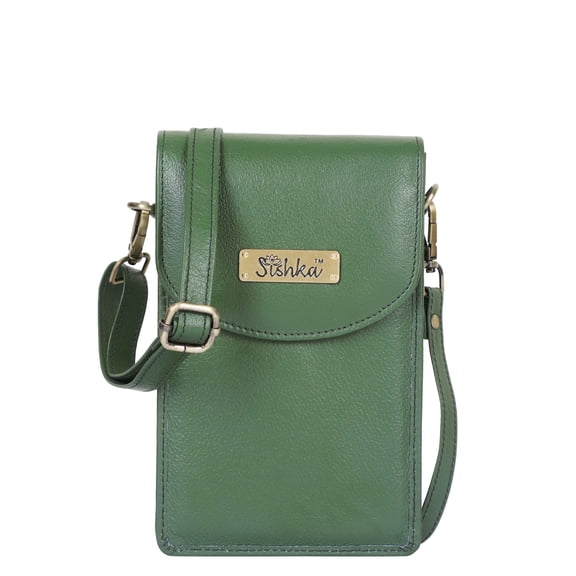 Sishka Womens Olive Genuine Leather Ladies Wallet Compact Crossbody Cell Phone Bag with Shoulder & Sling Carry, Stylish Daily Use