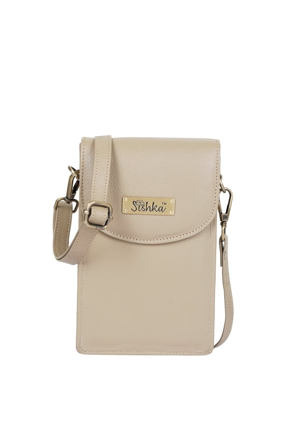 Womens Taupe Genuine Leather Ladies Wallet Compact Crossbody Cell Phone Bag with Shoulder & Sling Carry, Stylish Daily Use