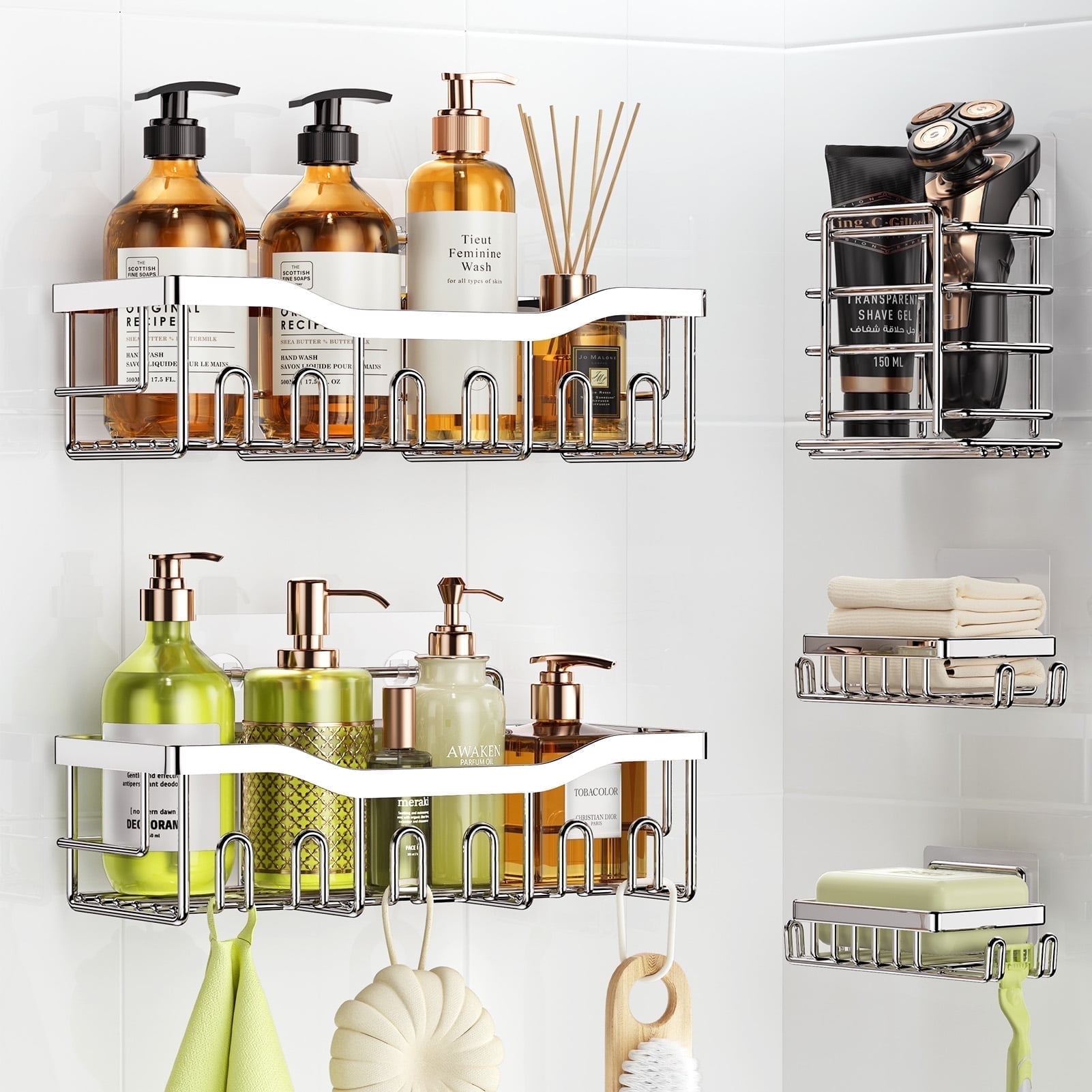 Shower Caddy, Shower Shelves 5 Pack, Adhesive Shower Organizer for Bathroom & Kitchen, No Drilling, Large Capacity, Rustproof SUS304 Stainless Steel Bathroom Organizer, Bathroom Accessories, Silver