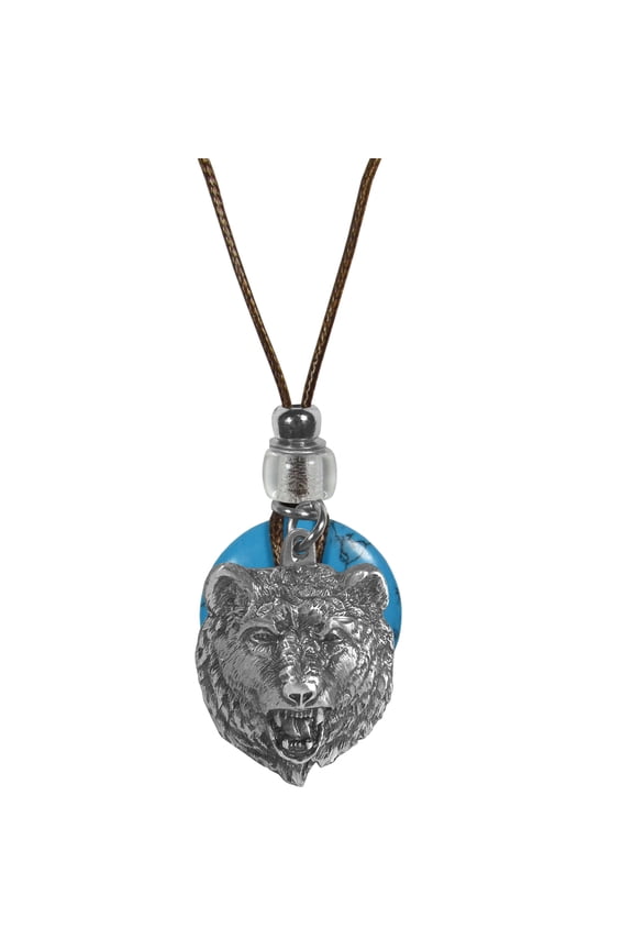 Bear Head Adjustable Cord Necklace with Torquoise Colored Disc