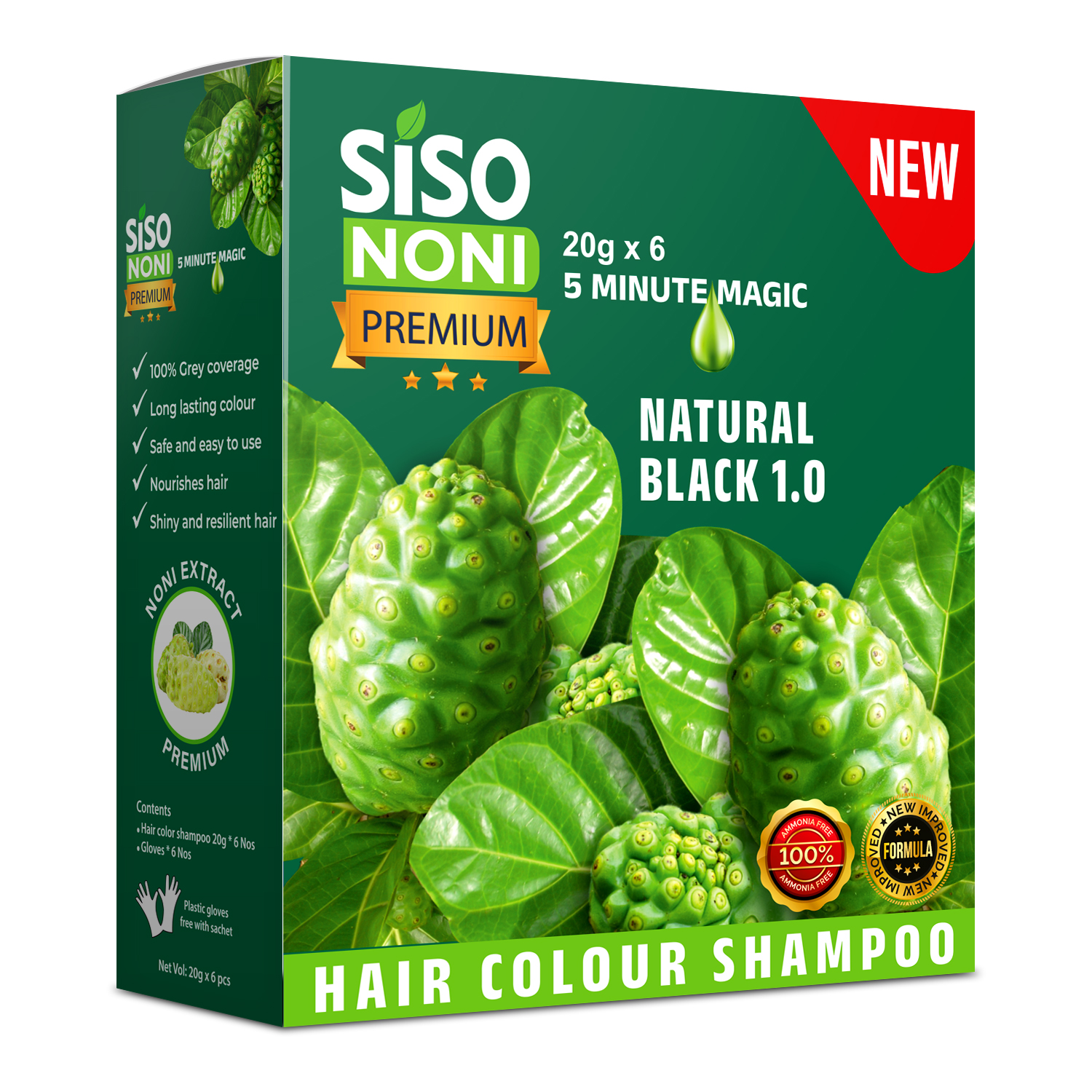 Siso Premium Noni Black Hair color shampoo 20g (20g x 6) Ammonia Free