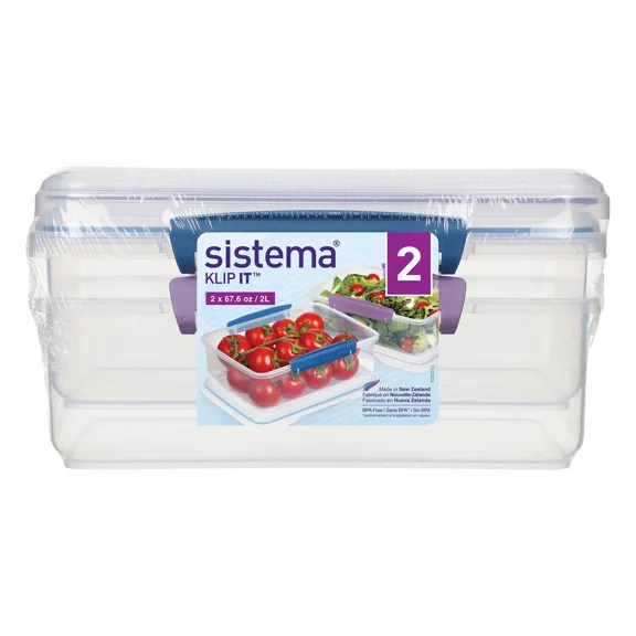 Sistema Klip It 2L Plastic Food Storage Containers, Blue, Set Of 2
