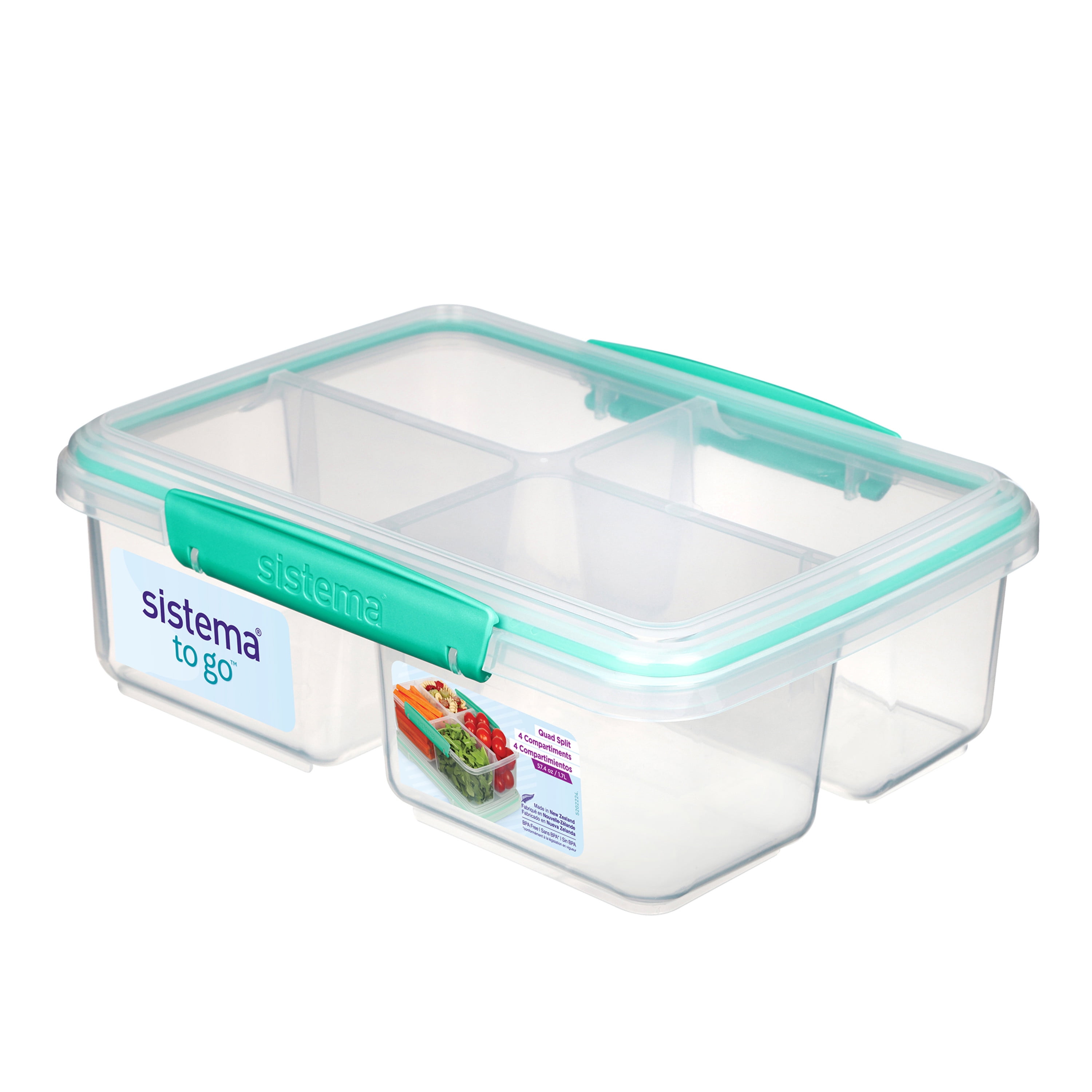 Sistema Quad Split to Go Food Storage Container, 7.4 Cup, Plastic, Color Received Will Vary