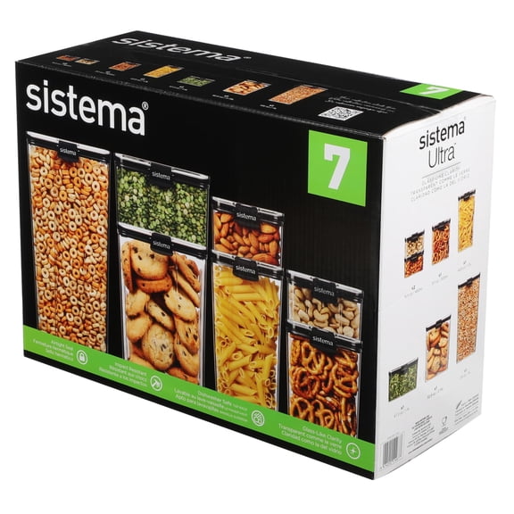 Sistema Ultra Airtight Pantry Food Storage Containers, Assorted Sizes, Square, Stackable, BPA-Free Tritan, 7 Count