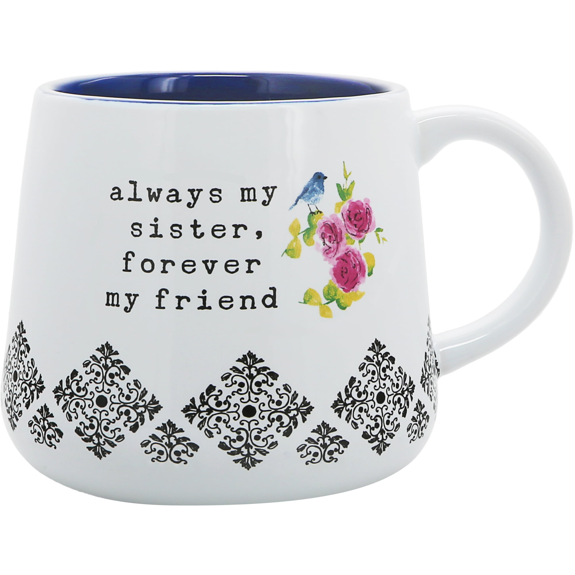 Modern White and Black Ceramic Sister Mug with Floral Design