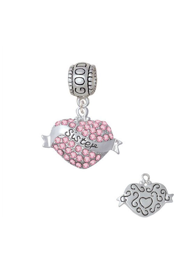 Sister Banner on Pink Crystal Heart - Good Luck Charm Bead