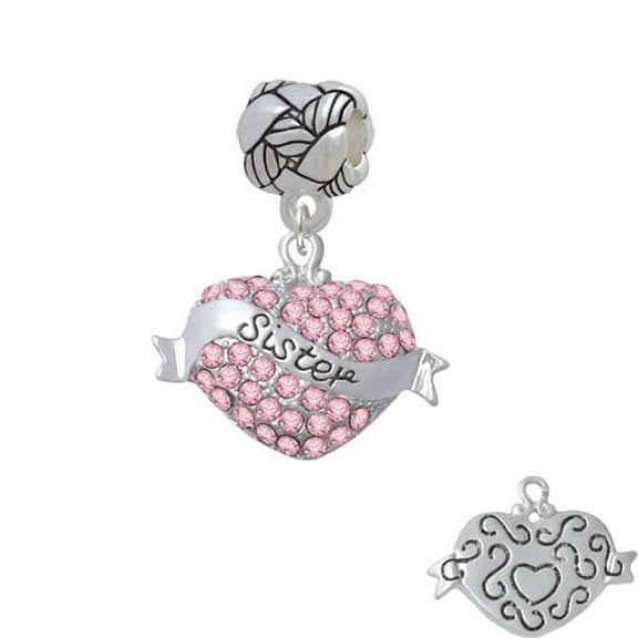 Sister Banner on Pink Crystal Heart - Woven Rope Charm Bead