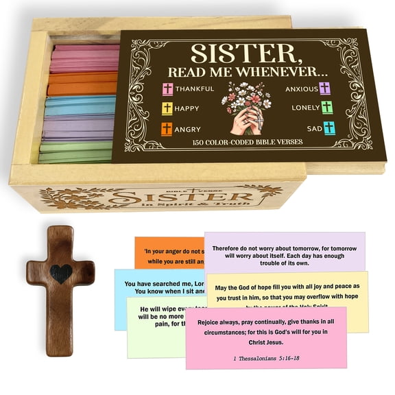Sister Bible Verse Box, Read Me Whenever Scripture Box for Sister, Christian Gift with Color Coded Bible Verses, Wooden Faith Encouragement Box with Cross