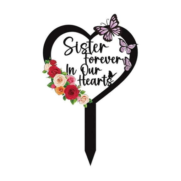 Sister Cemetery Decorations for Grave,Butterfly Metal Memorial Grave Markers for Humans,Sister Heart Graveyard Sympathy Plaque,Flower Remembrance Graveside Decor for Outside Yard Garden