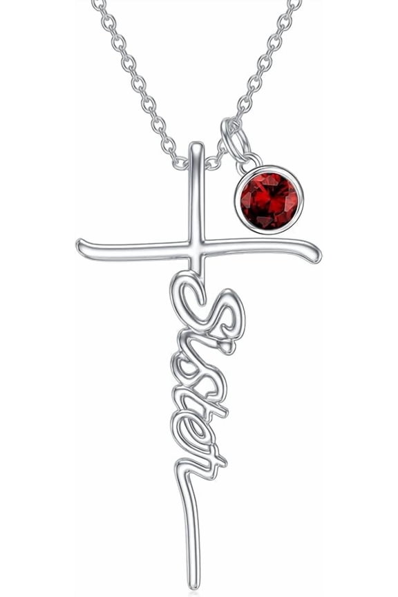 Sister Cross Necklace with Birthstone 925 Sterling Silver Birth Stone Sister Initial Pendant Necklace Cross Birthstone Jewelry Gifts for Women