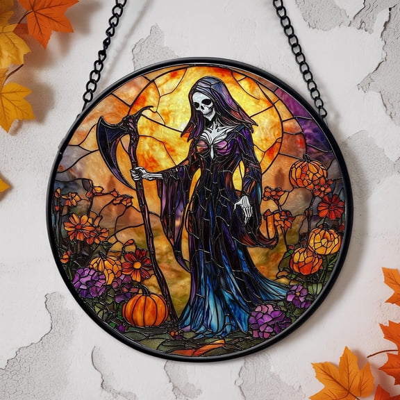 Sister Death Suncatcher,Gothic Halloween Stained Glass Window Decor,Dark And Floral Halloween Decor,Grim Reaper Glass Art,Spooky Season Gift